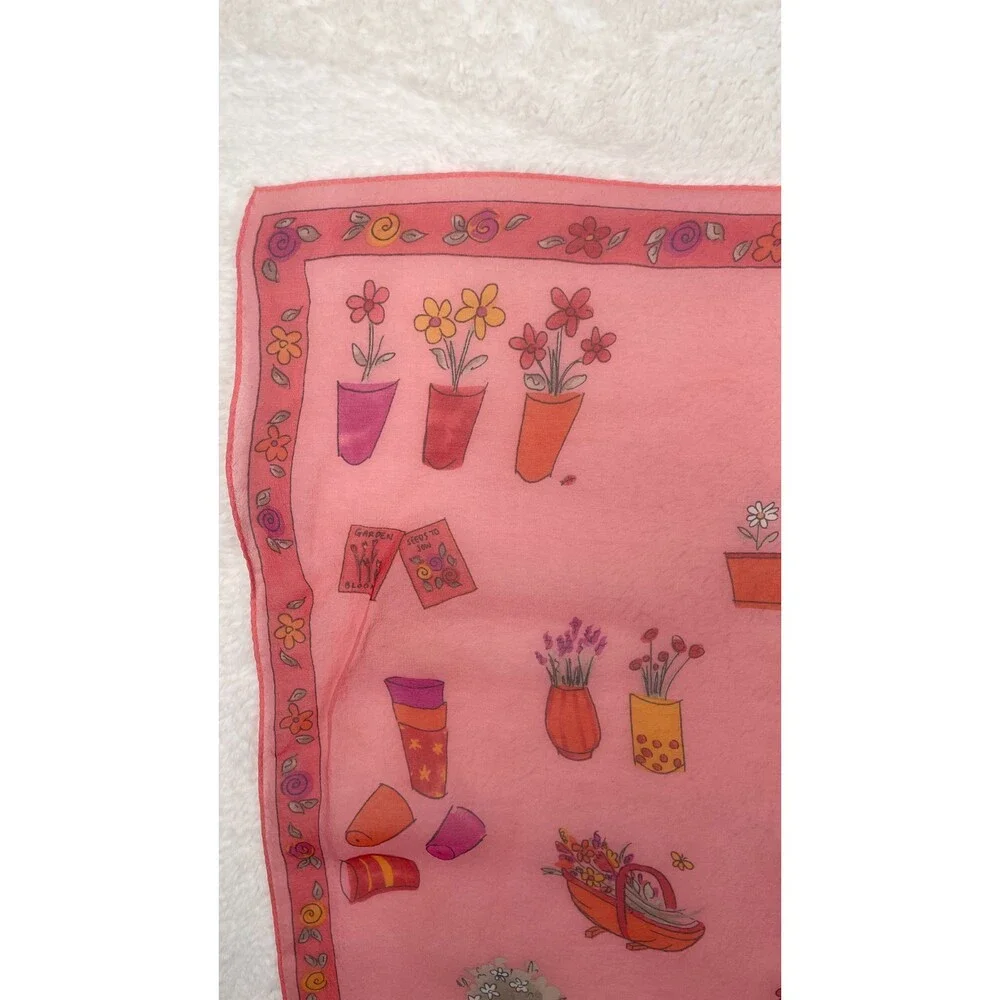 Elaine Gold Collection XIIX Square Pink Silk Scarf Garden Theme Print Korea